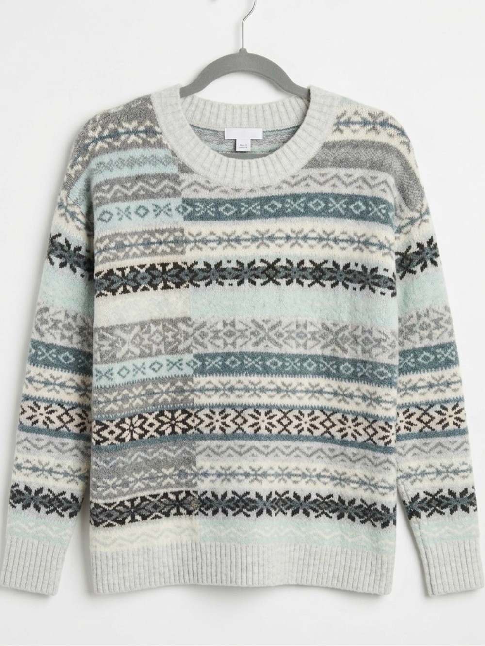 LOFT Women’s Crewneck Sweater in Gray, Mint & Teal Patchwork Fair Isle size S